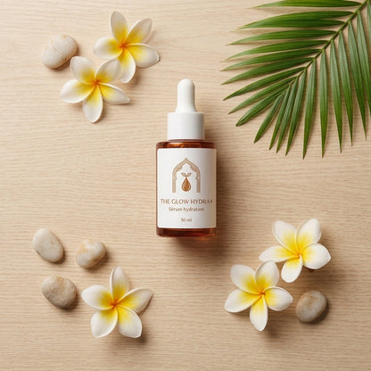 Flacon sérum hydratant The Glow Hydra+ 30 ml sur fond clair, pipette compte-gouttes.