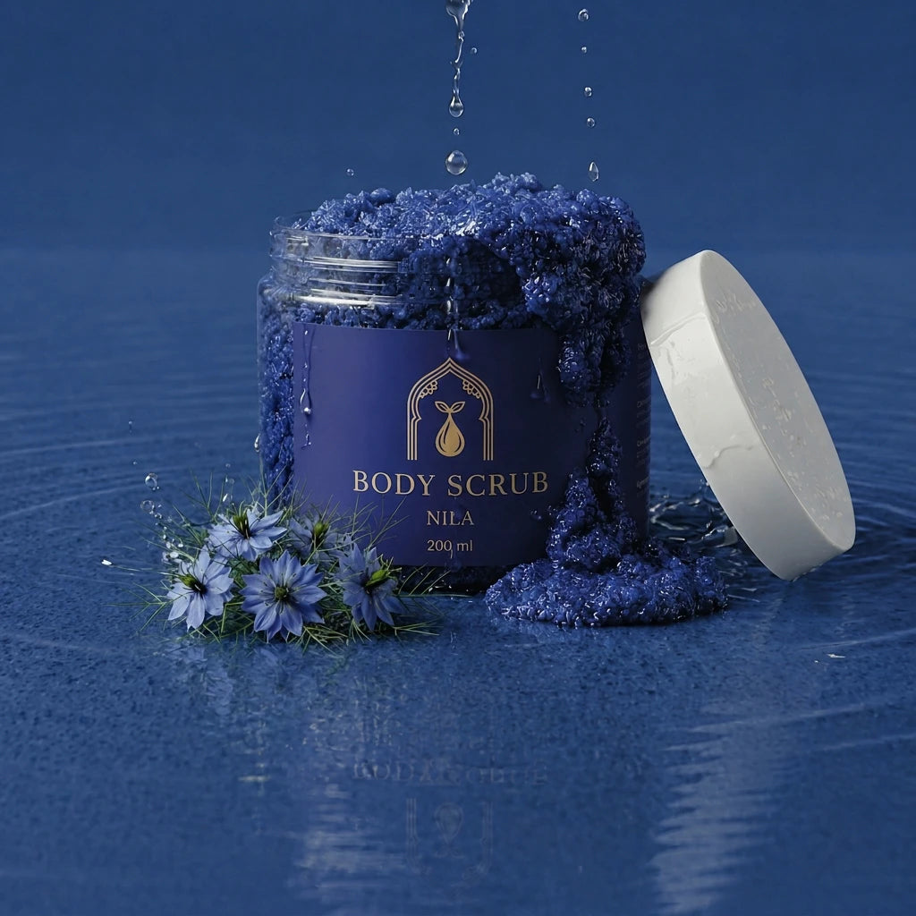 Pot de gommage corps Nila bleu foncé avec couvercle blanc, gommage granuleux visible