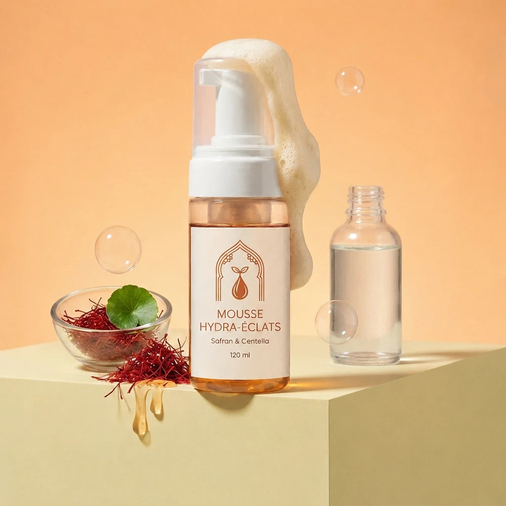 Flacon-pompe mousse hydra-éclats avec mini flacon en verre, mousse et ingrédients visibles