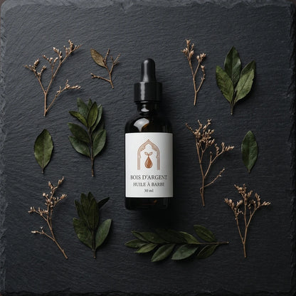 Flacon d’huile à barbe sur ardoise, pipette noire, étiquette beige