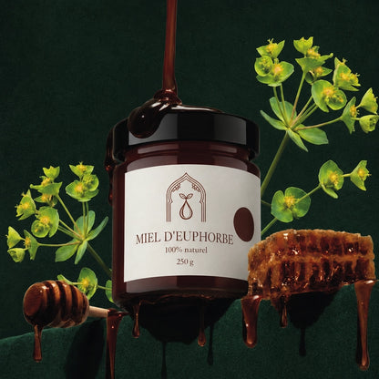 Pot de miel d’euphorbe ambré, couvercle noir, étiquette blanche 250 g, miel qui dégouline