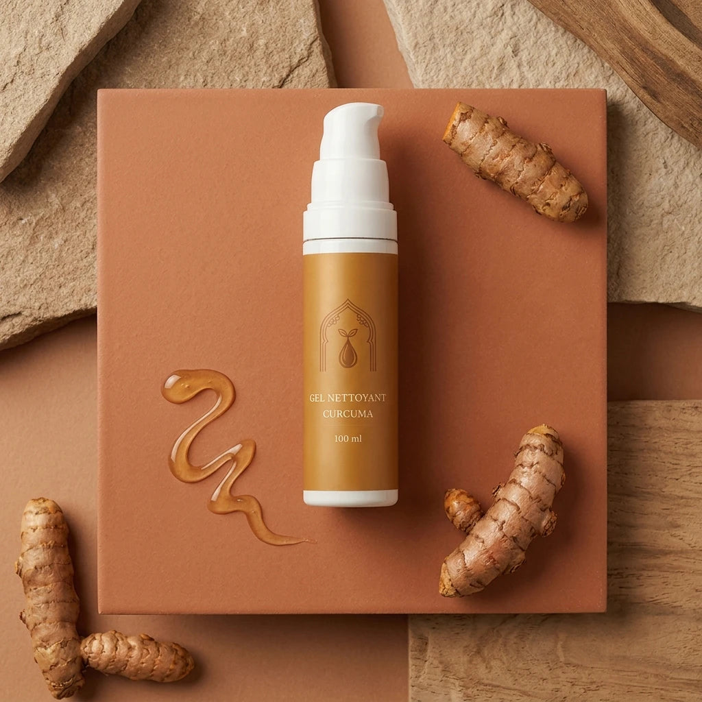 Flacon-pompe de gel nettoyant à la curcuma sur coffret, avec racines.
