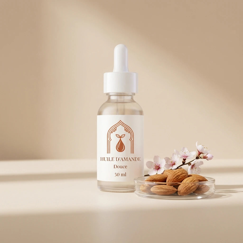 Flacon d’huile d’amande douce 50 ml avec compte-gouttes, à côté d’amandes et fleurs.