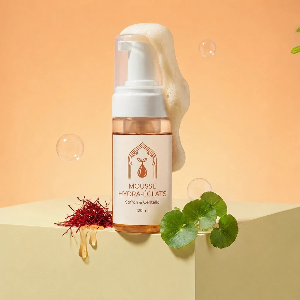 Flacon-pompe de mousse hydra-éclats, liquide ambré, étiquette crème, 120 ml