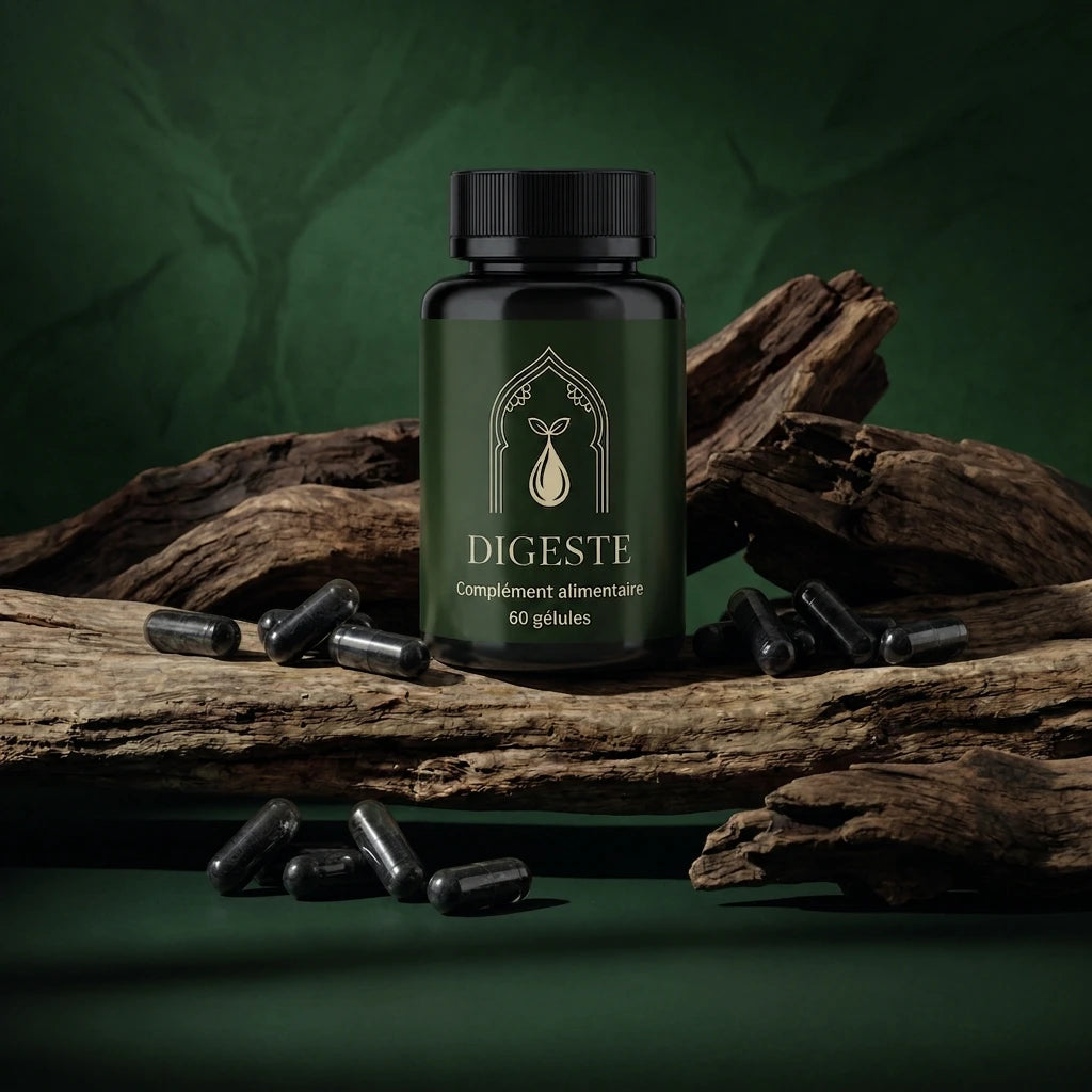 Bouteille Digeste vert foncé avec bouchon noir et gélules, 60 gélules