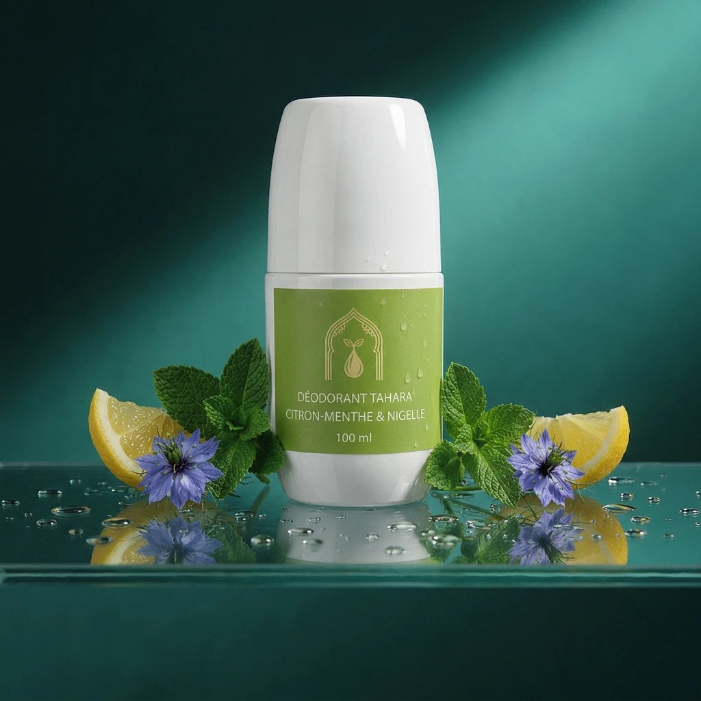 Déodorant Tahara en stick, flacon vert citron-menthe & nigelle, capuchon blanc.