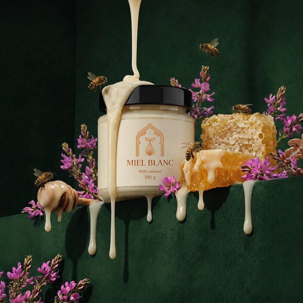 Pot de miel blanc 250 g, miel gouttant, abeilles et fleurs violettes autour du pot