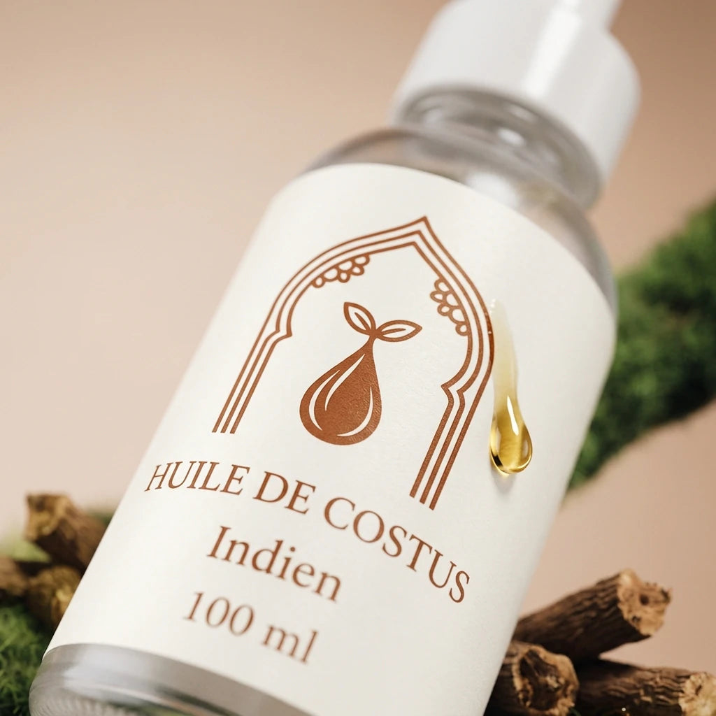 Flacon d’huile 100 ml, vue rapprochée sur l’étiquette et une goutte dorée
