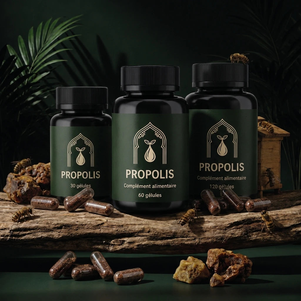 Lot de bouteilles de propolis : 30, 60 et 120 gélules, avec gélules brunes