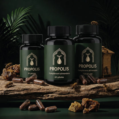 Lot de bouteilles de propolis : 30, 60 et 120 gélules, avec gélules brunes