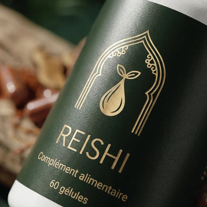 Bocal de compléments Reishi, étiquette verte et inscription 60 gélules