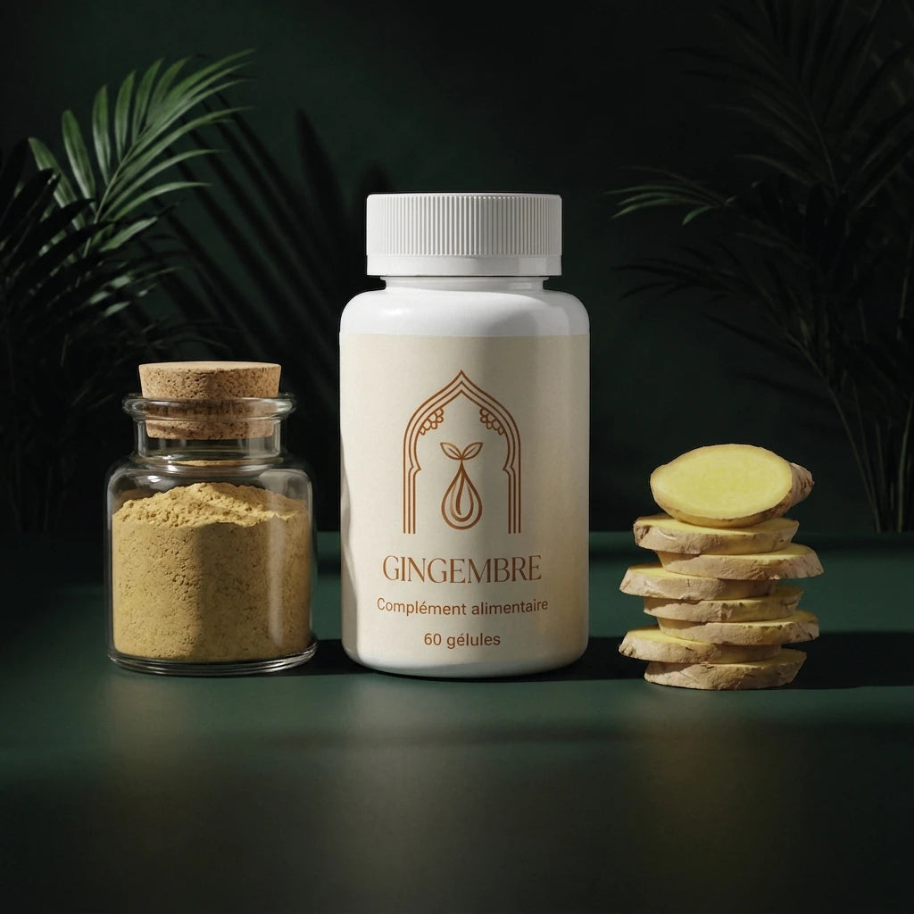 Flacon blanc de gingembre, 60 gélules, entouré de tranches et poudre de gingembre