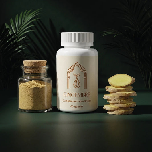 Flacon blanc de gingembre, 60 gélules, entouré de tranches et poudre de gingembre
