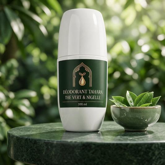 Déodorant Tahara blanc à tête cylindrique, étiquette verte et texte doré, 100 ml.