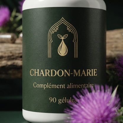 Flacon Chardon-marie vert foncé, couvercle blanc, complément alimentaire 90 gélules