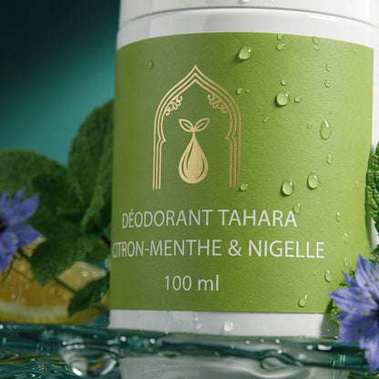 Étiquette du déodorant Tahara: citron-menthe & nigelle, 100 ml, fond vert.