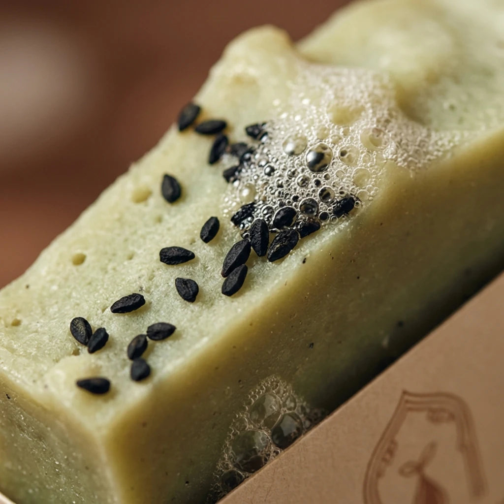 Pain de savon à la nigelle crème avec graines noires, mousse en surface.