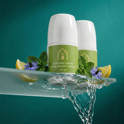 Déodorant Tahara en stick, capuchon blanc, étiquette verte citron-menthe & nigelle.