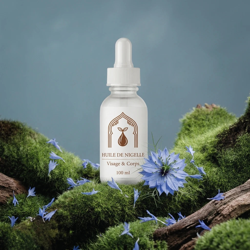 Flacon d’huile de nigelle 100 ml entouré de fleurs bleues sur une branche.