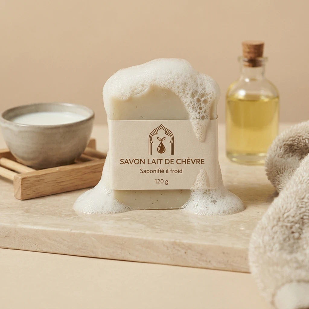 Savon au lait de chèvre blanc, étiquette beige, bloc avec mousse