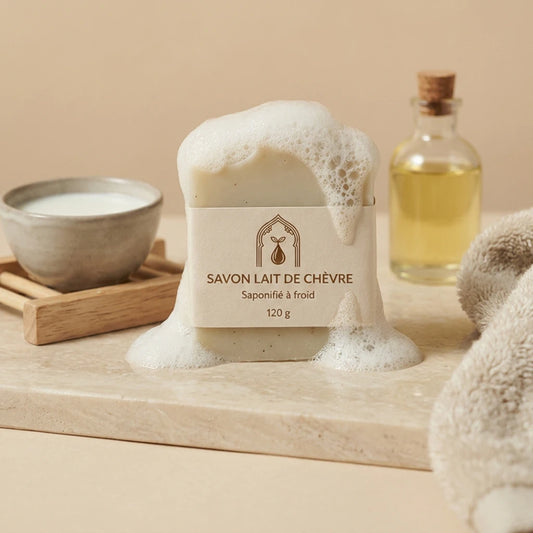 Savon au lait de chèvre blanc, étiquette beige, bloc avec mousse