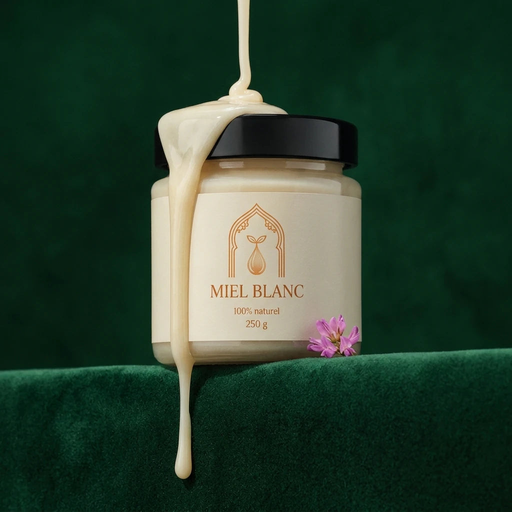Pot de miel blanc 250 g, couvercle noir, filet de miel qui s’écoule vers le bas