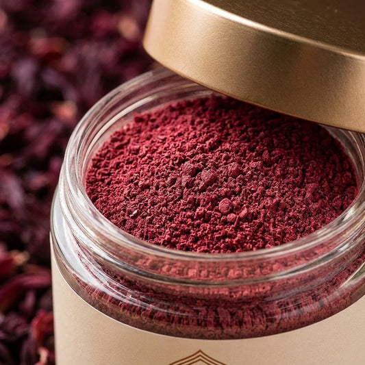 Poudre d’hibiscus rouge en pot en verre, couvercle doré, 100 g