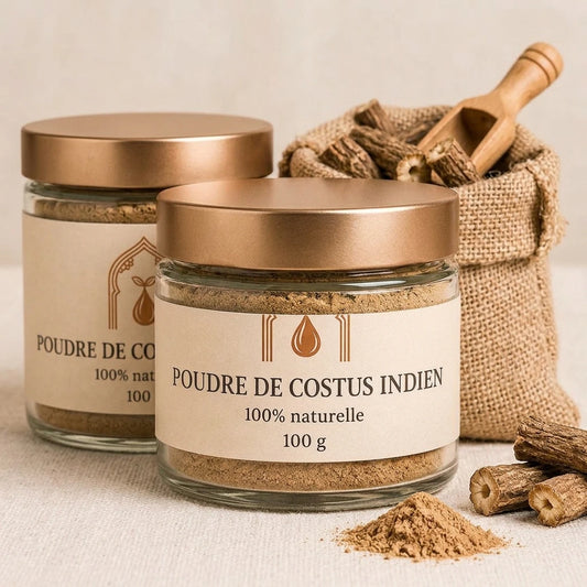 Bocal en verre de poudre de costus indien, 100 g, poudre brune et couvercle doré