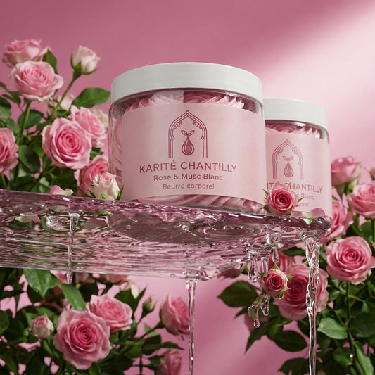 Pot de beurre corporel Karité Chantilly Rose & Musc Blanc, couvercle blanc, étiquette rose.