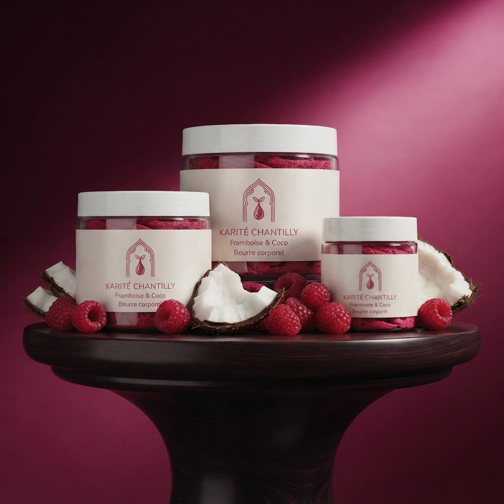 Ensemble de trois pots de karité chantilly framboise-coco, emballages assortis.