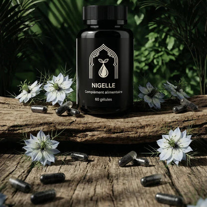 Flacon noir Nigelle 60 gélules posé sur une bûche, capsules sombres au premier plan.