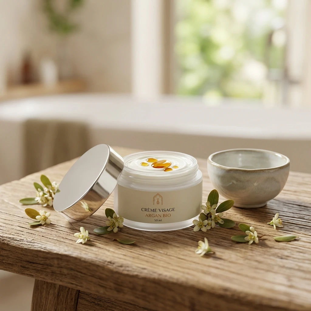 Crème visage à l’argan bio en pot ouvert, couvercle posé, coupelles sur table