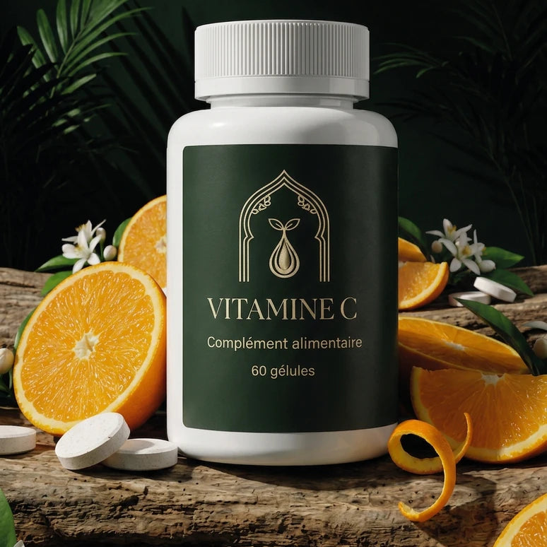 Bocal vert Vitamine C en gros plan, avec gélules et tranches d’orange
