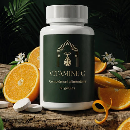 Bocal vert Vitamine C en gros plan, avec gélules et tranches d’orange