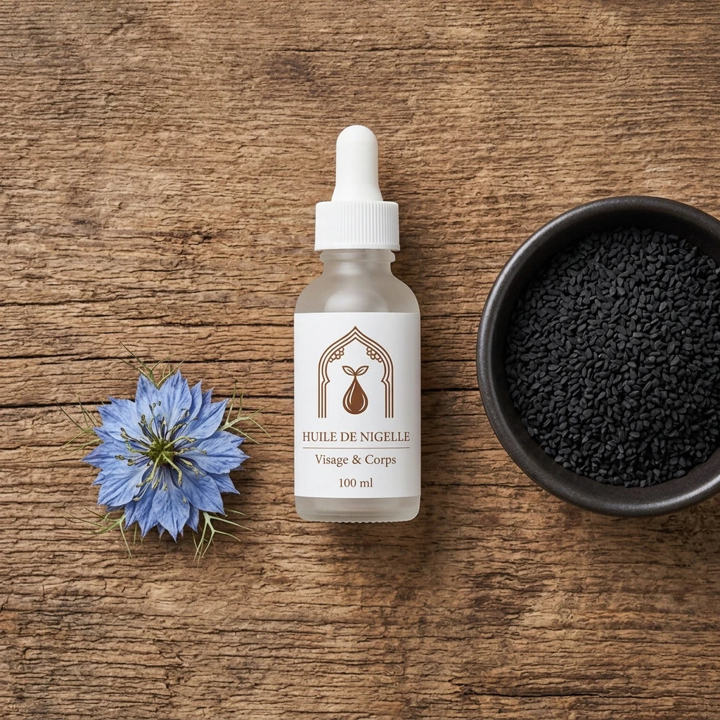 Flacon d’huile de nigelle 100 ml, fleur bleue et graines noires dans un bol.