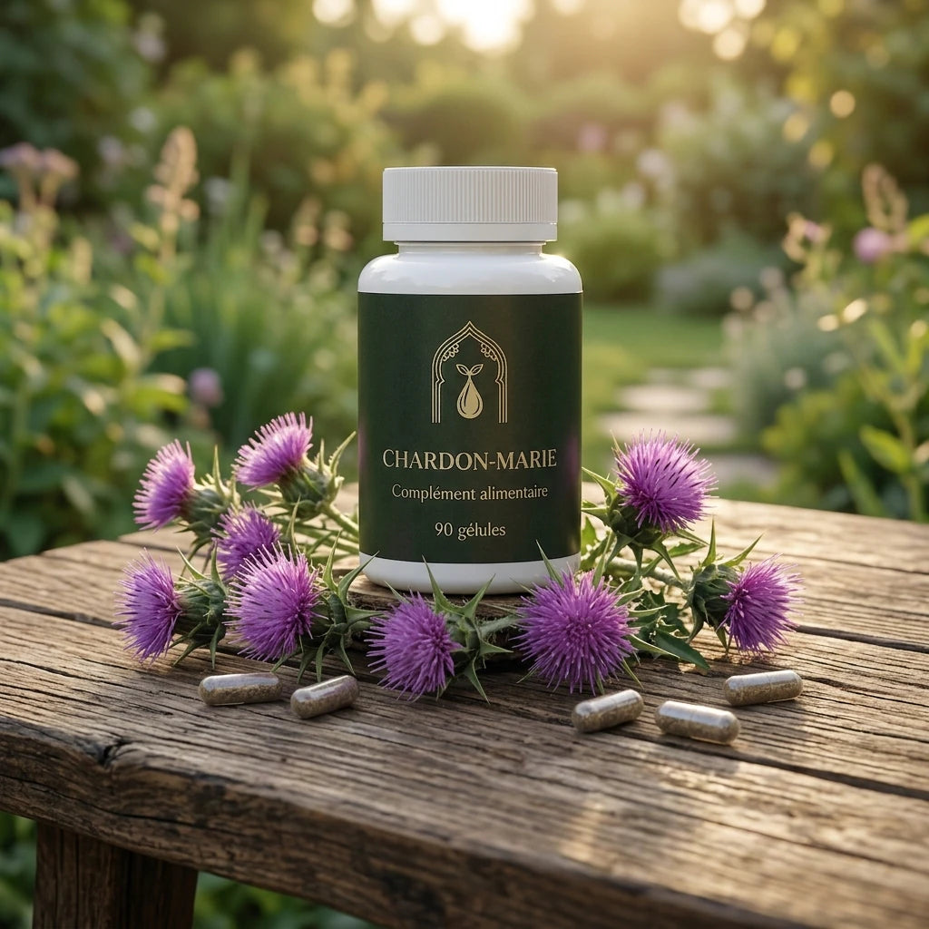 Flacon Chardon-marie vert, 90 gélules, gélules et fleurs violettes sur plateau en bois