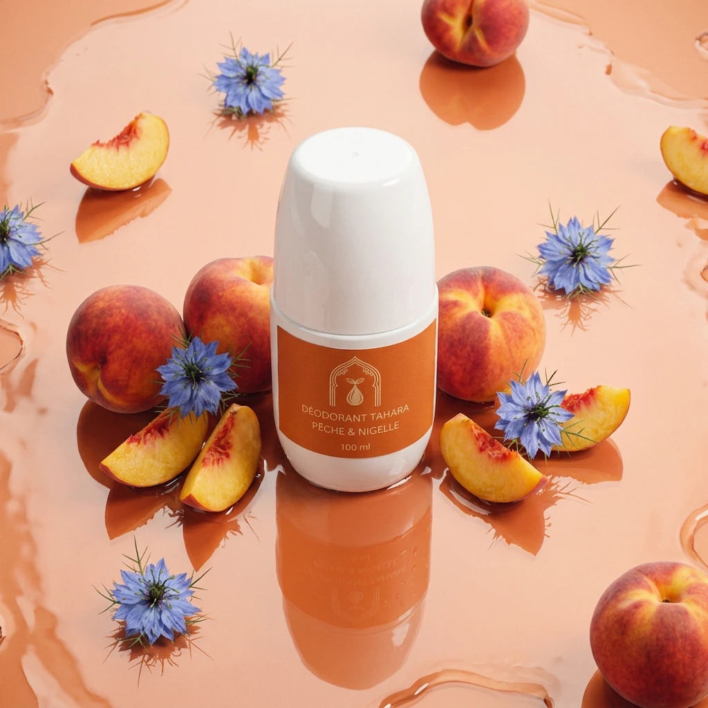 Déodorant en stick blanc, étiquette brune « Pêche & nigelle », posé sur surface claire.
