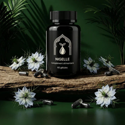 Flacon noir de Nigelle, 60 gélules, avec capsules sombres et fleurs blanches.