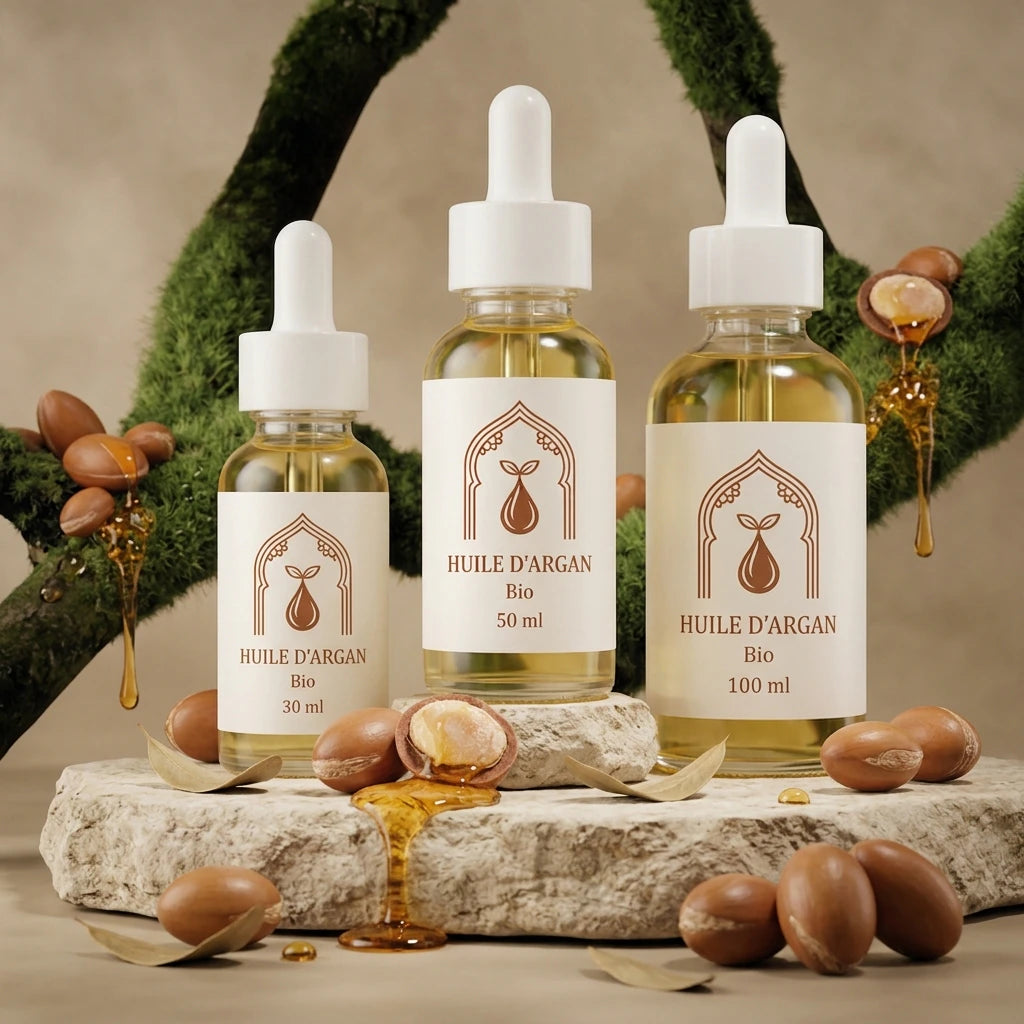 Coffret de flacons d’huile d’argan bio 30, 50 et 100 ml, pipettes blanches