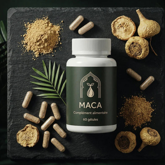 Bouteille Maca 60 gélules avec poudre, racines séchées et gélules éparpillées