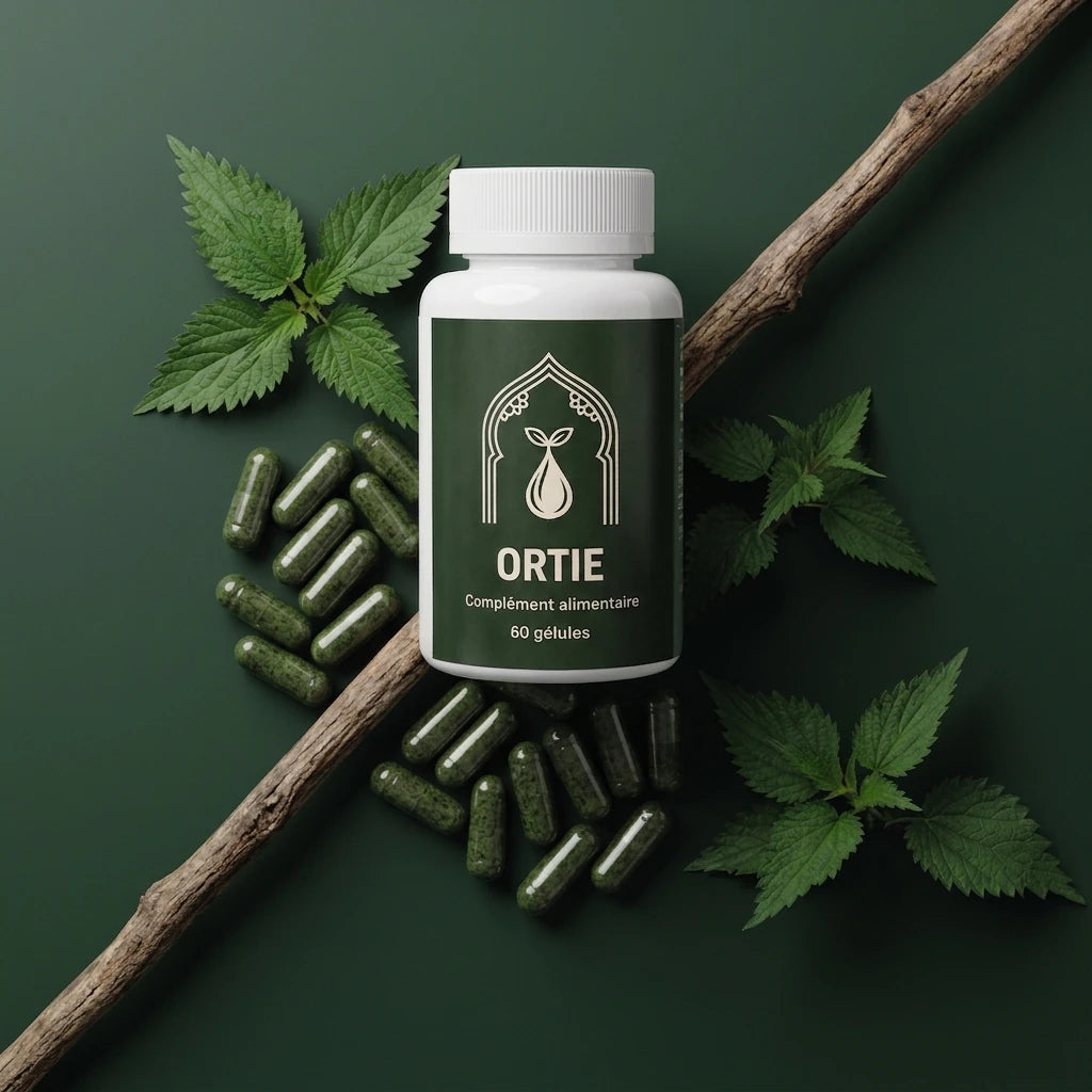 Flacon d’ortie blanc à étiquette verte, gélules vertes et feuilles d’ortie