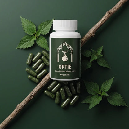 Flacon d’ortie blanc à étiquette verte, gélules vertes et feuilles d’ortie