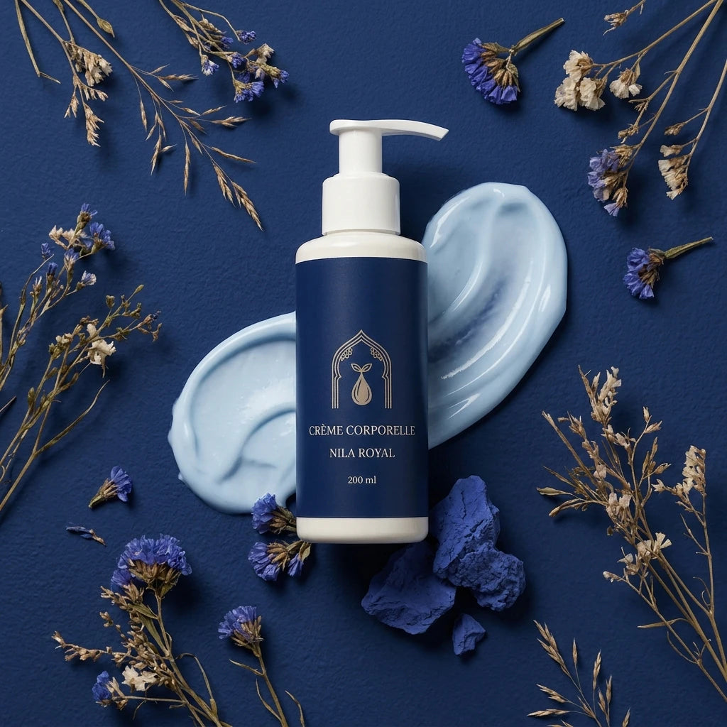 Crème corporelle en flacon pompe bleu nuit avec trace de crème claire