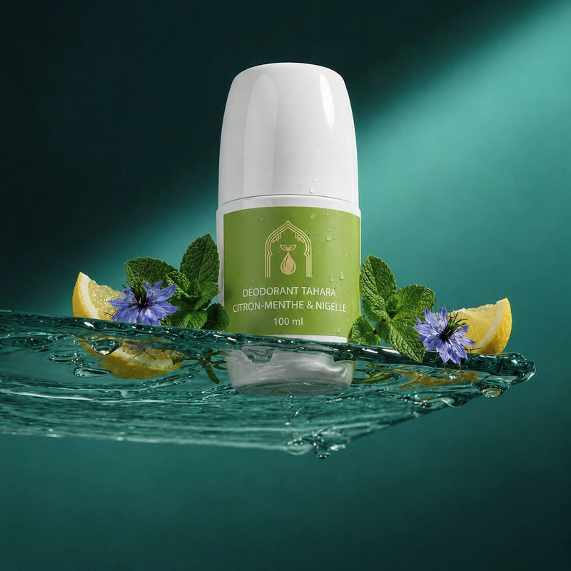 Déodorant Tahara en stick, capuchon blanc, étiquette verte citron-menthe & nigelle.
