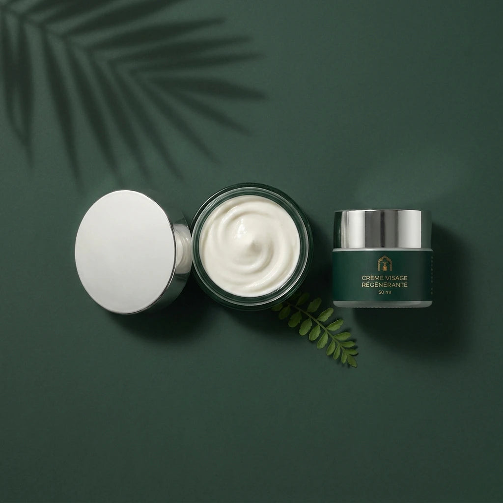 Pot de crème visage régénérante vert foncé, couvercle blanc et crème au centre.