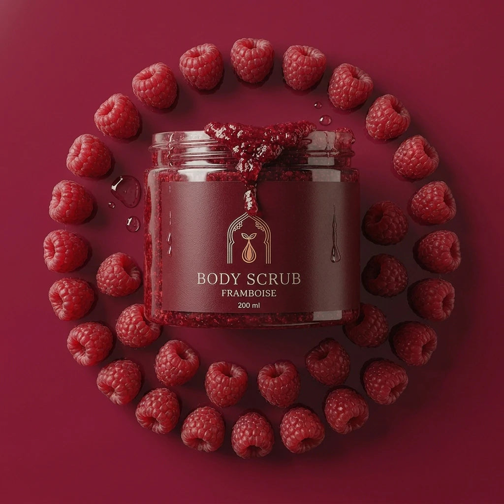Pot de gommage à la framboise au centre, entouré de framboises rouges