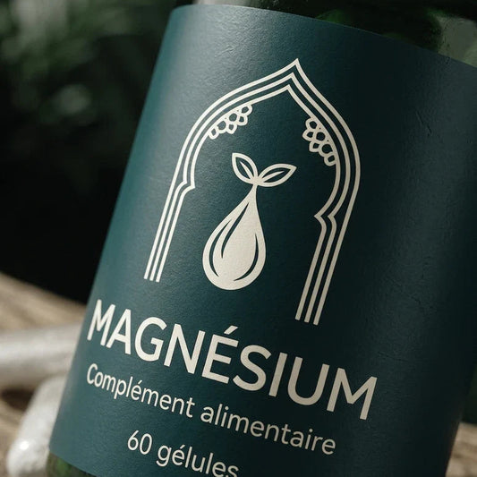 Flacon de magnésium bisglycinate, 60 gélules, capuchon blanc et étiquette vert foncé.