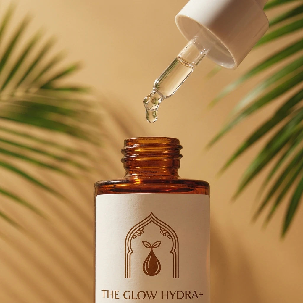 Flacon The Glow Hydra+ 30 ml avec goutte sortant du compte-gouttes, verre ambré.