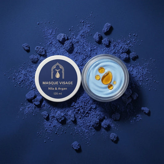Pot de masque visage bleu ciel avec couvercle, gouttes d’huile dorées visibles, 120 ml