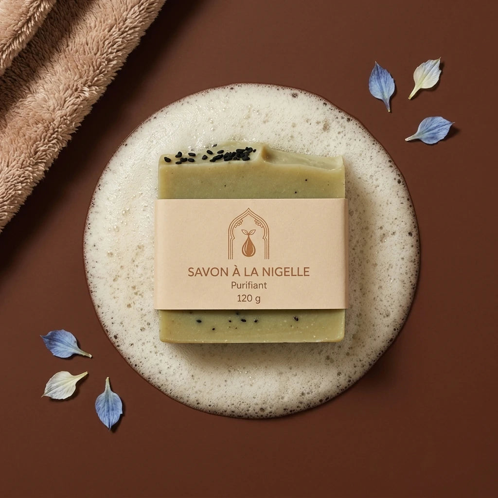 Savon à la nigelle purifiant 120 g, pain crème aux graines noires, emballage beige.